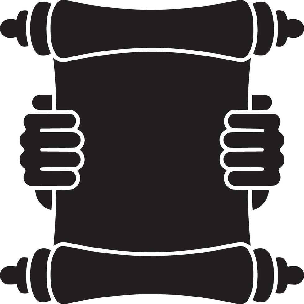 Black and white graphic of hands holding a scroll with decorative ends on a white background view vector