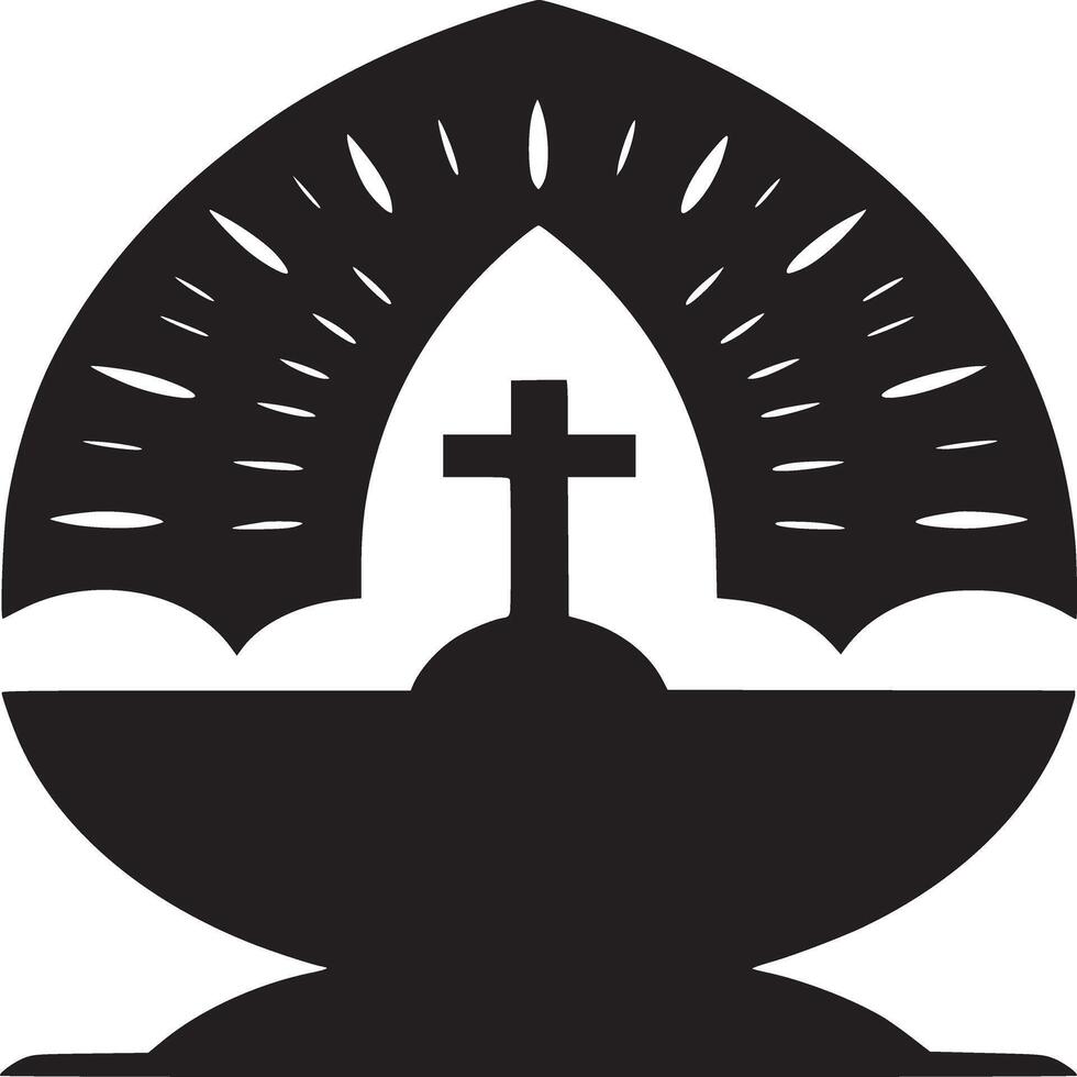 A black and white graphic of a cross inside an egg shaped design with rays emanating from the top edge vector