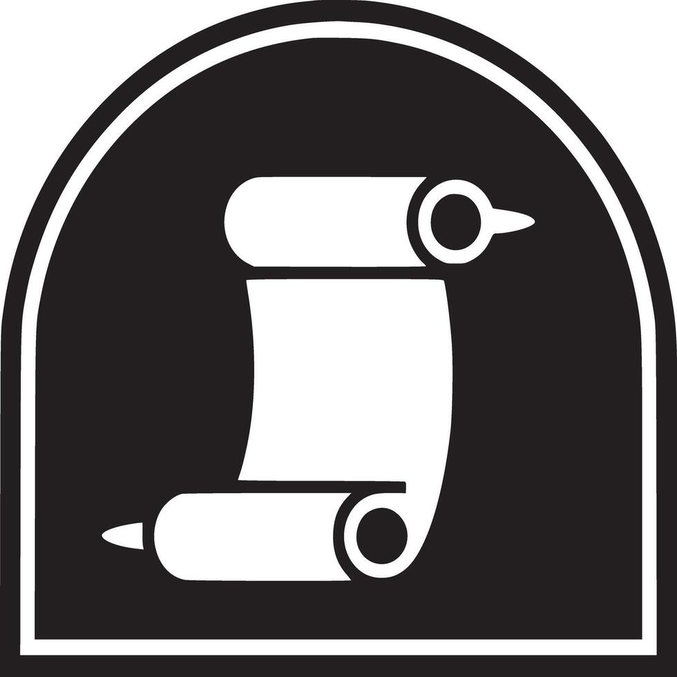 A black and white graphic of an unrolled scroll inside a rounded cornered rectangular frame shape vector
