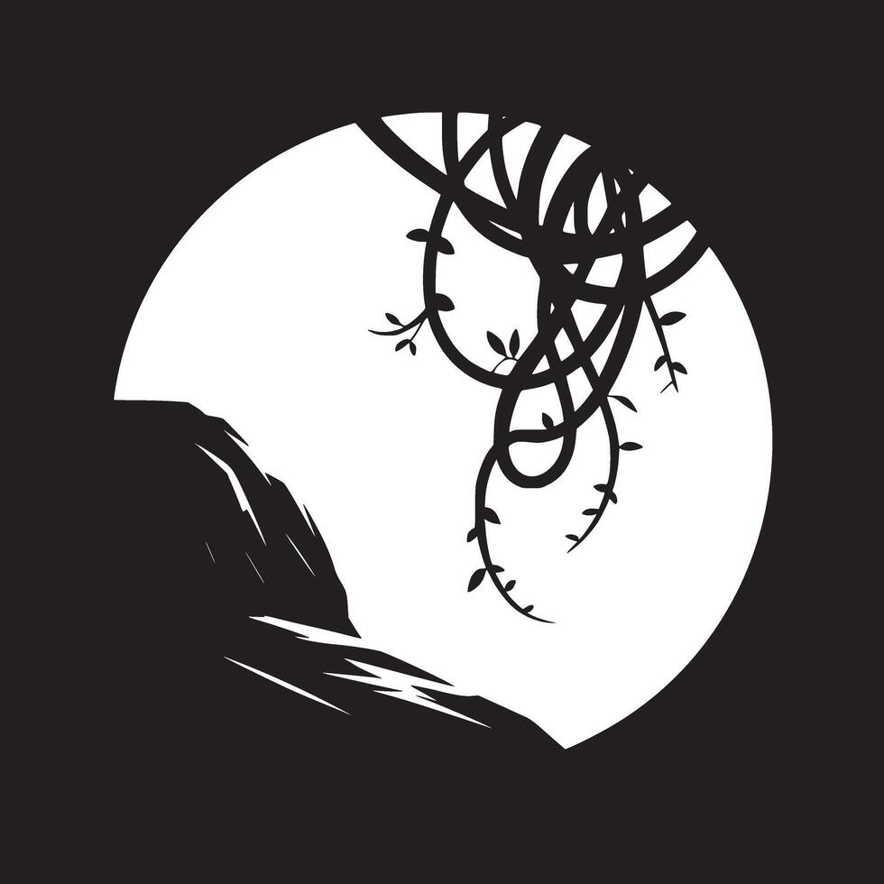 Silhouette of vines and rock formation inside a white circle on a black background design element vector