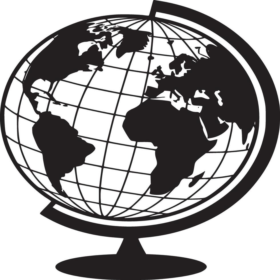 A black and white illustration of a globe with visible continents and grid lines on a white background vector
