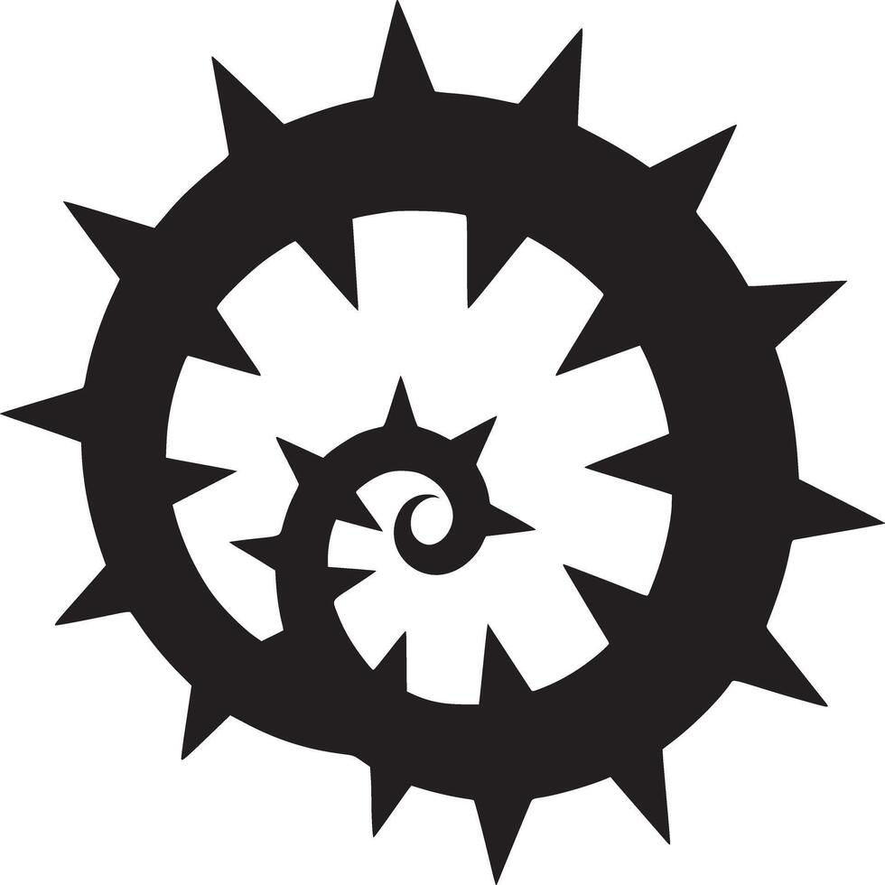 A black and white spiral design with sharp spikes emanating from the circular shapes inward to center vector