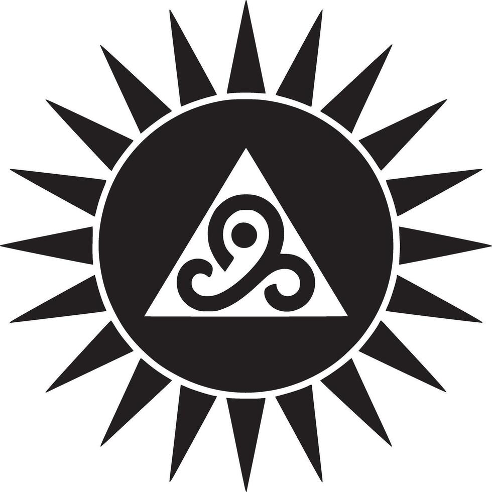 Black and white symbol with triangle and spiral design inside a circle with radiating spikes around it vector