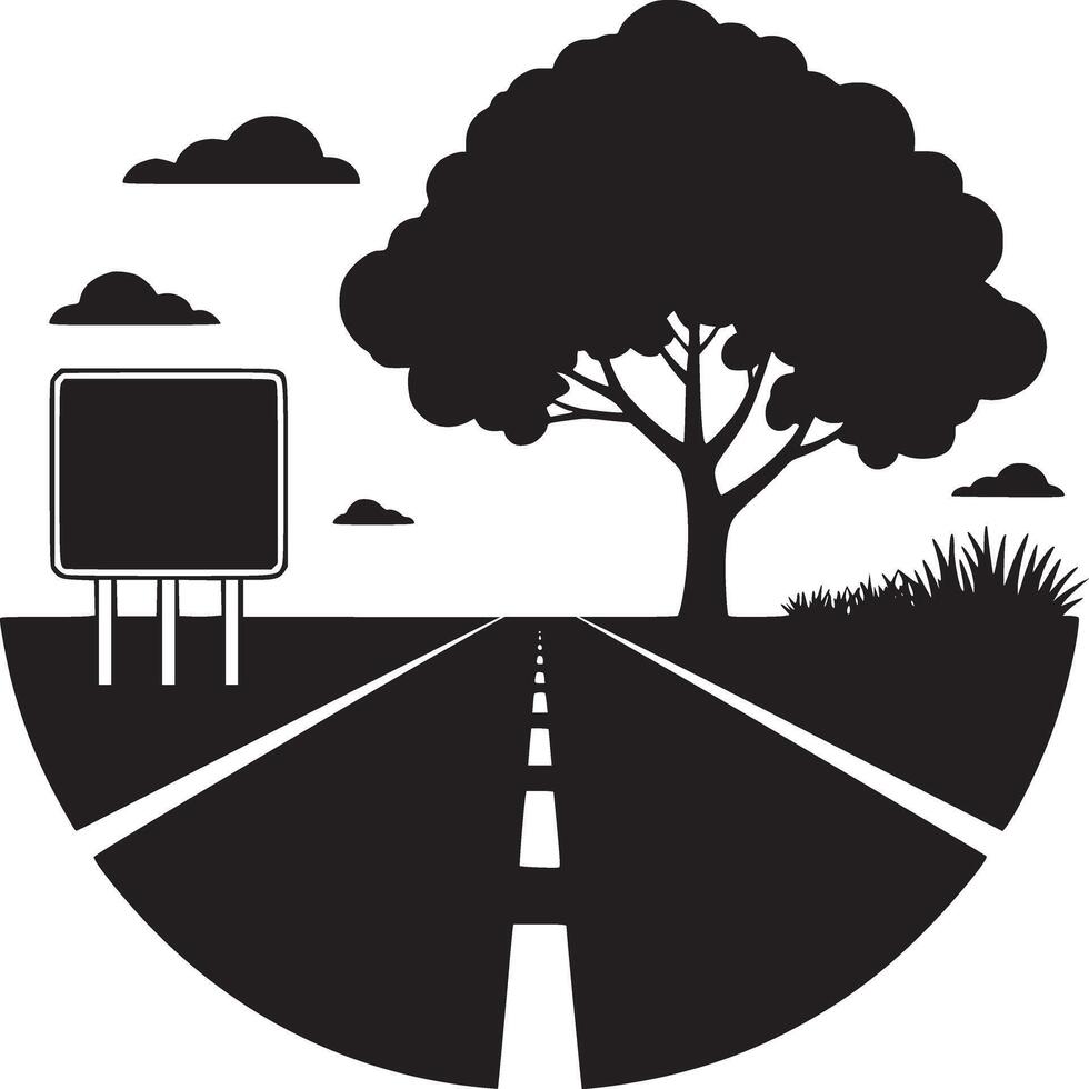 Black and white graphic of a road with a tree and sign in a circular frame with clouds above it vector