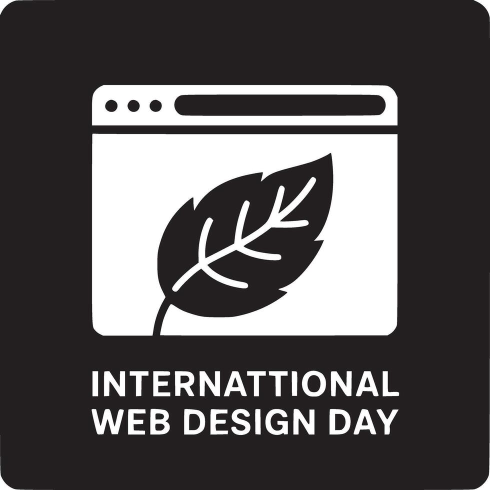 International web design day icon featuring a browser window with a leaf inside in black and white vector