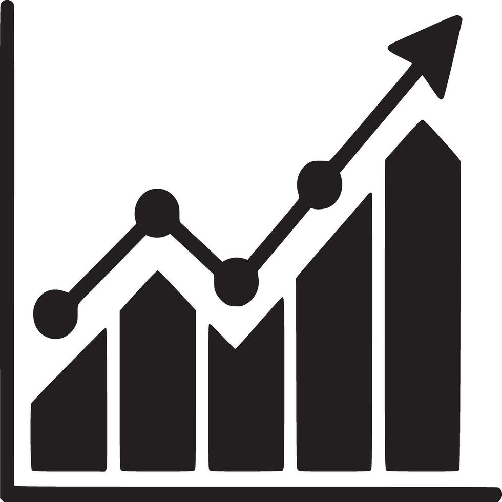 A black and white illustration of a graph showing an upward trend with bars and a line with circles vector