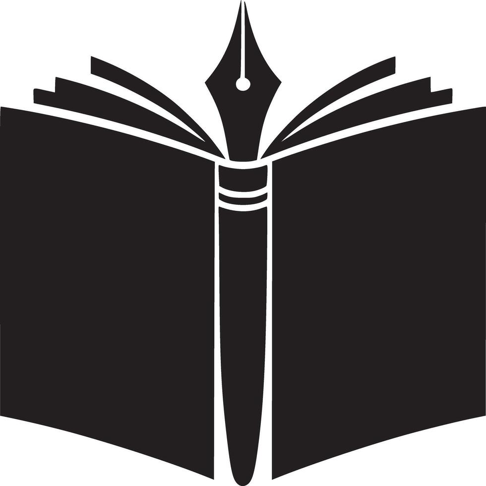Illustration of an open book with a fountain pen in the middle in black and white color scheme vector