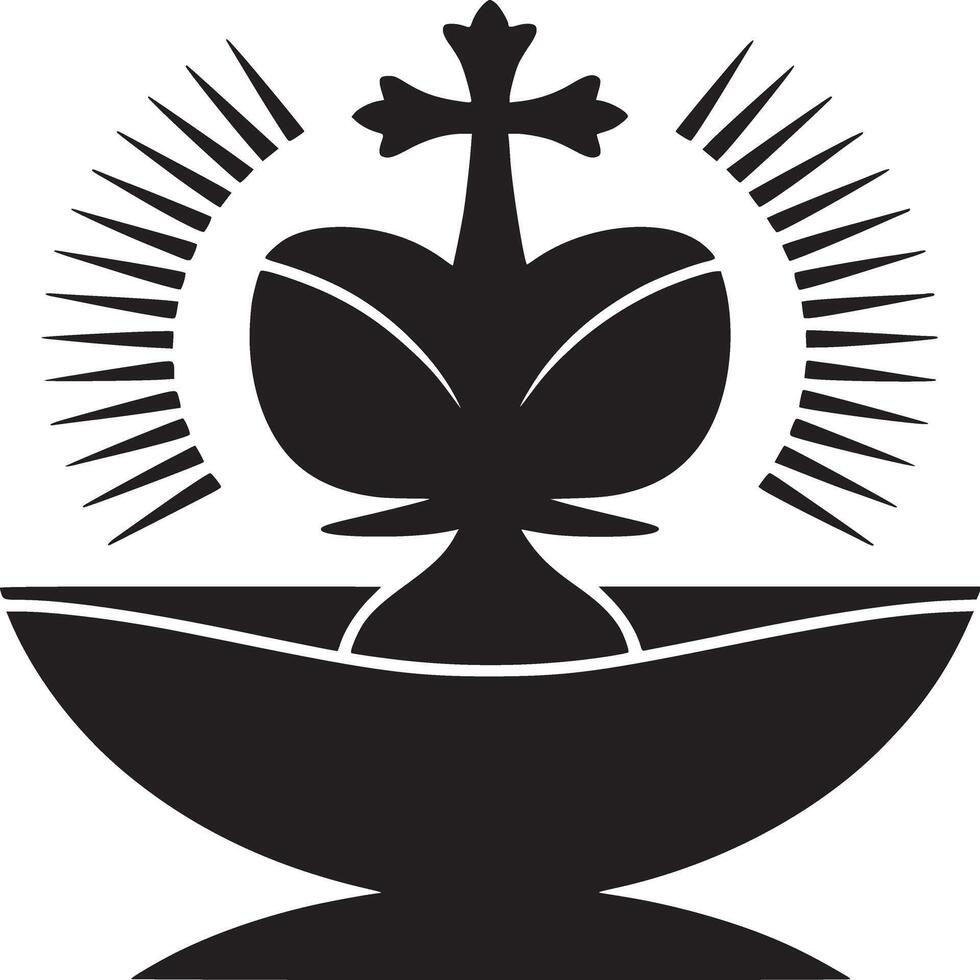 A stylized black and white image of a chalice with a cross and radiating lines above it design vector