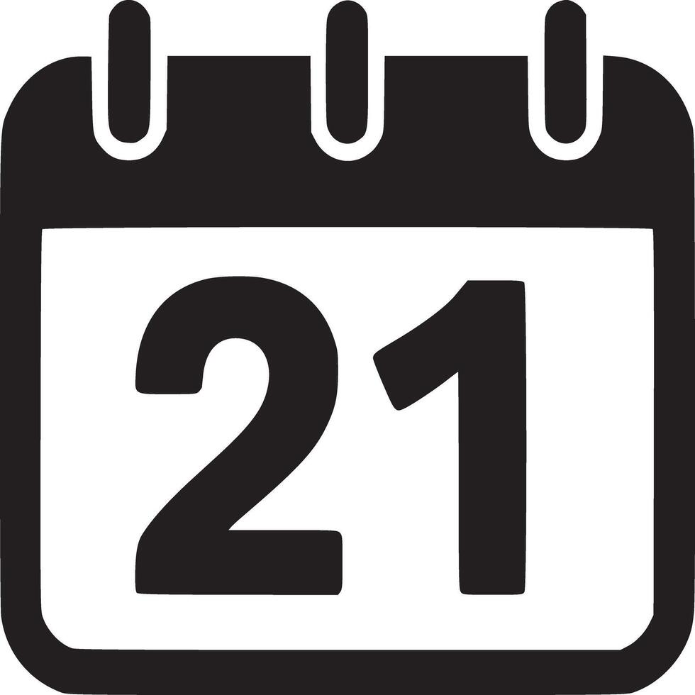 A black calendar icon displaying the date twenty one on a white background in a simple design style vector