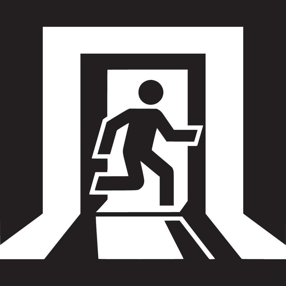 Black and white image of an emergency exit sign with a running figure and a doorway outline symbol vector