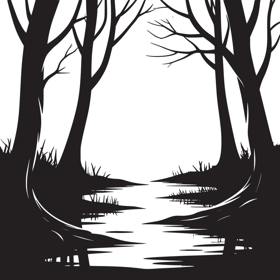 Monochrome illustration of a forest with a stream running through it on a foggy day in grayscale vector