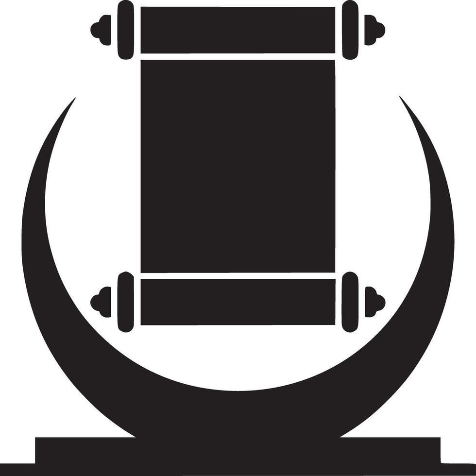 A black silhouette of a scroll on a stand with a crescent moon shape behind it on a white background vector