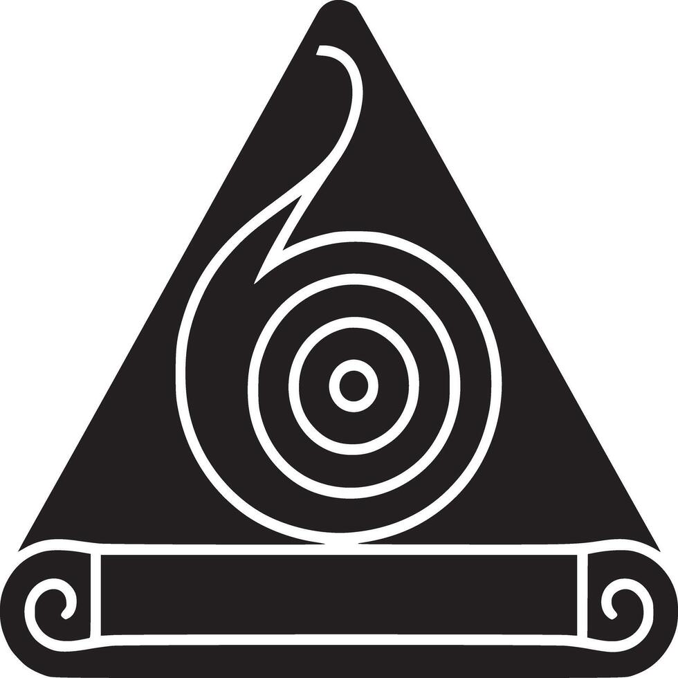 A black and white graphic design featuring a triangle with a spiral and a scroll like element below it vector