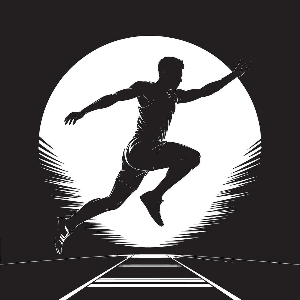 Silhouette of a runner in motion against a circular light with track lines below in monochrome art vector