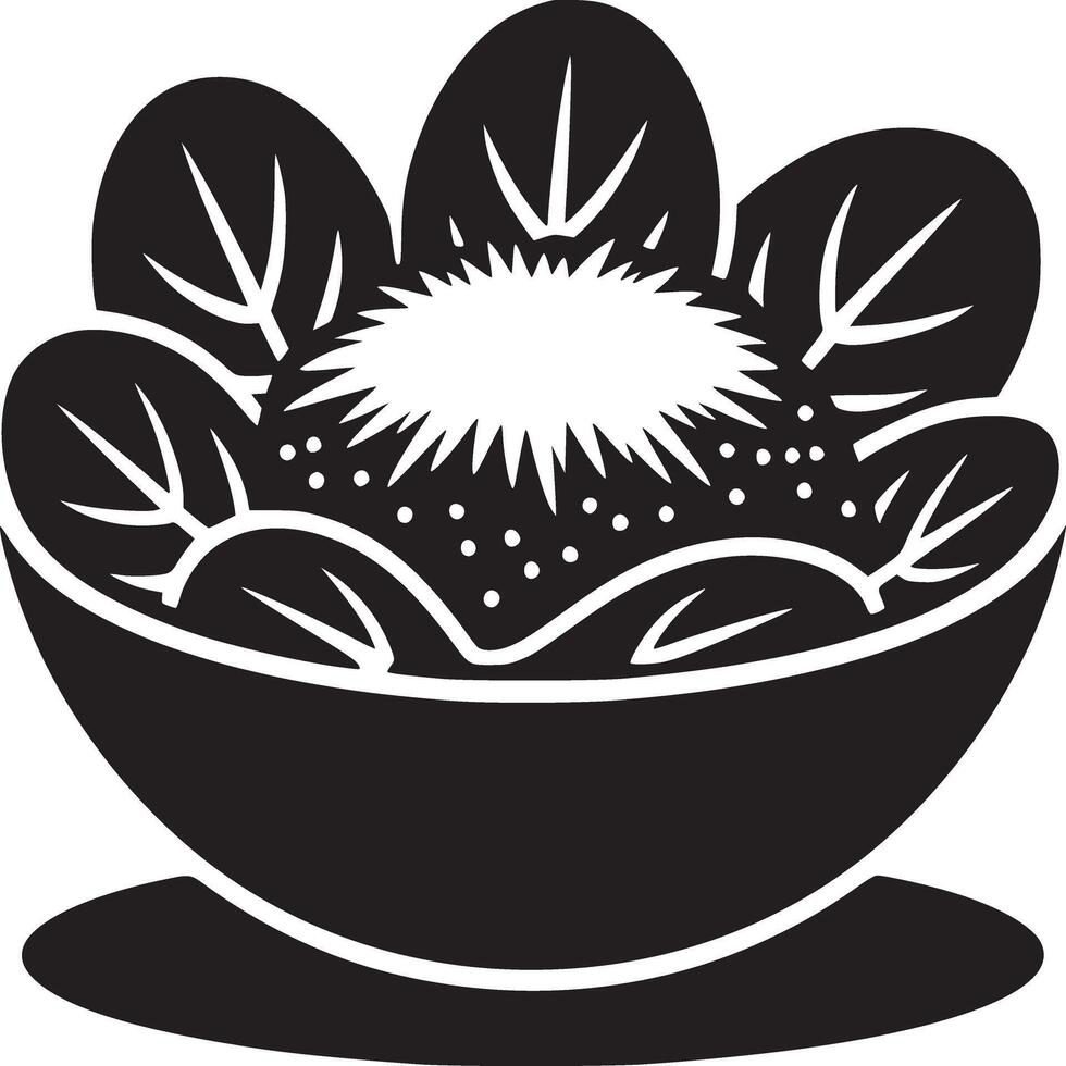 A black and white graphic of a bowl filled with a salad and a spiky round object on a white background vector