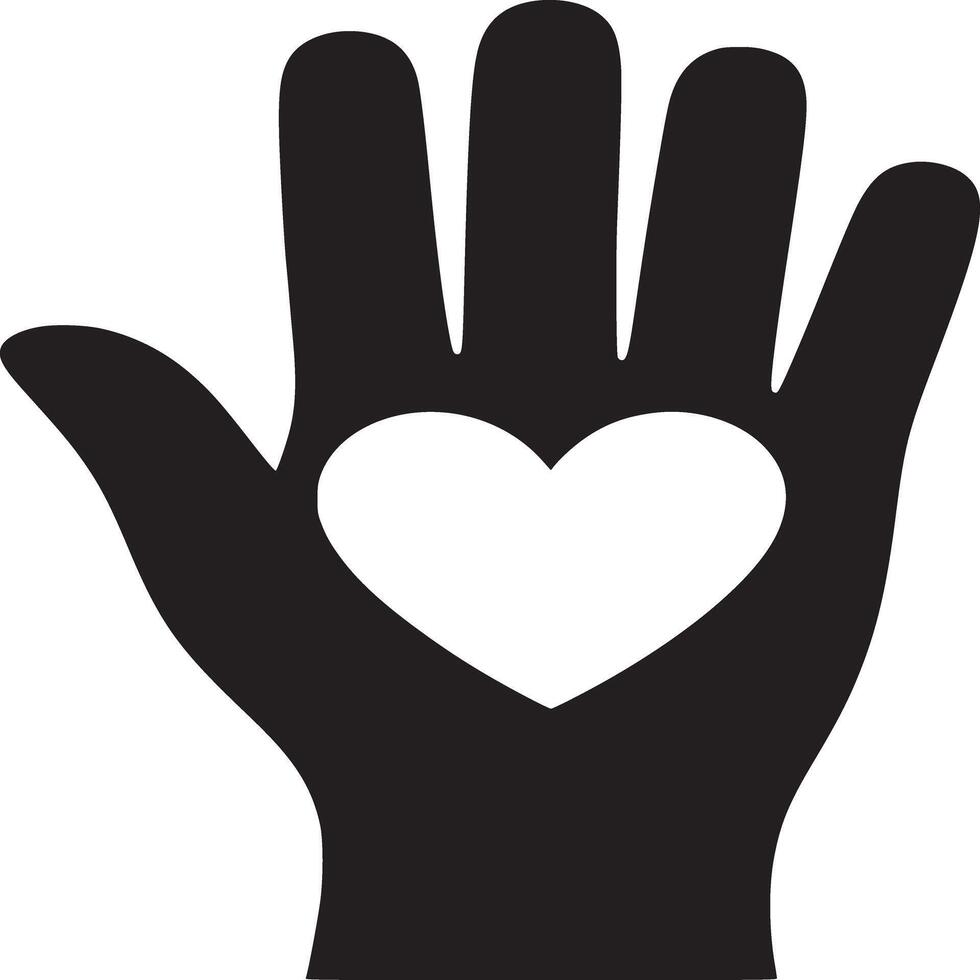 Black hand silhouette with a white heart shape in the center on a white background simple design vector