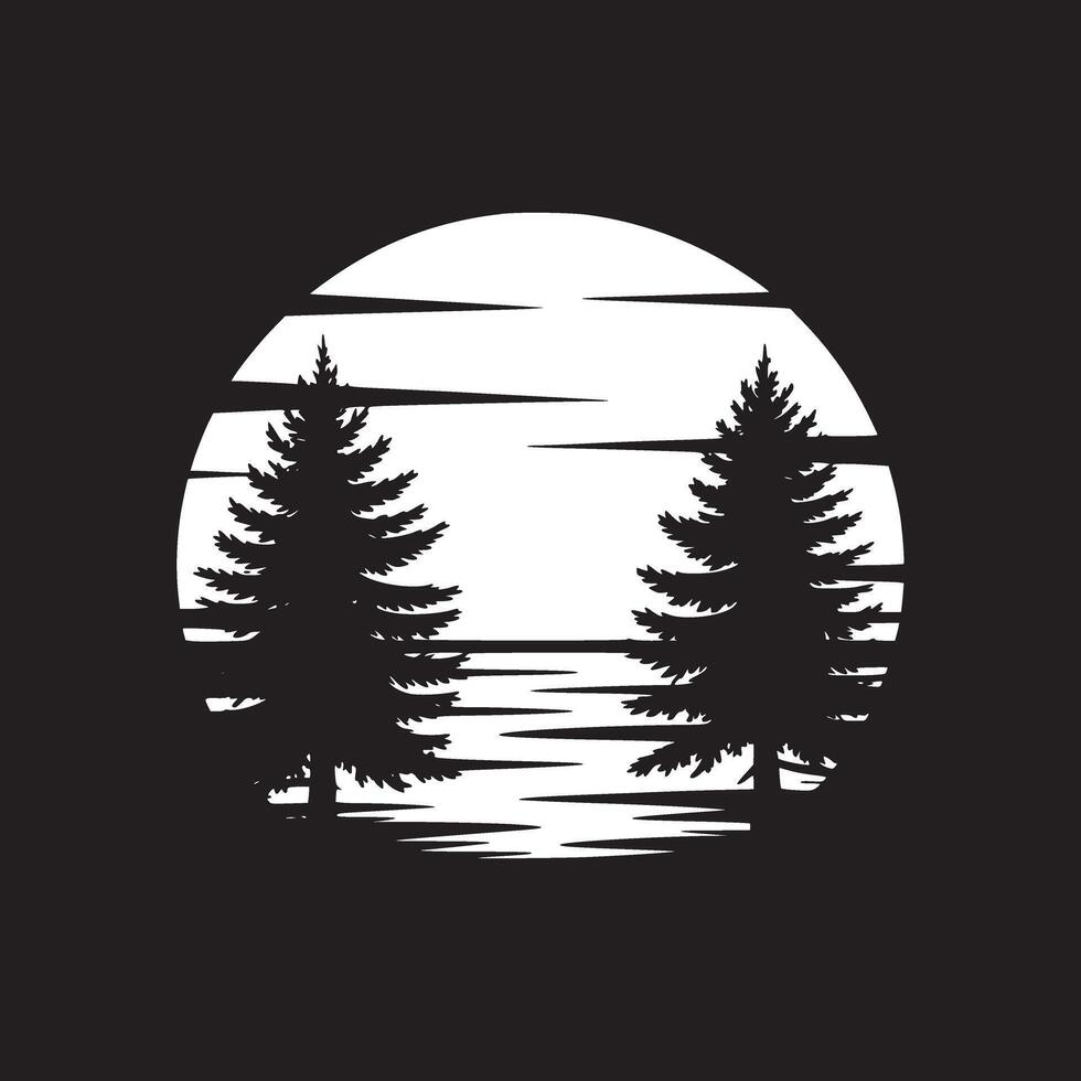 Silhouette of two pine trees against a white circle with horizontal lines in a black background vector