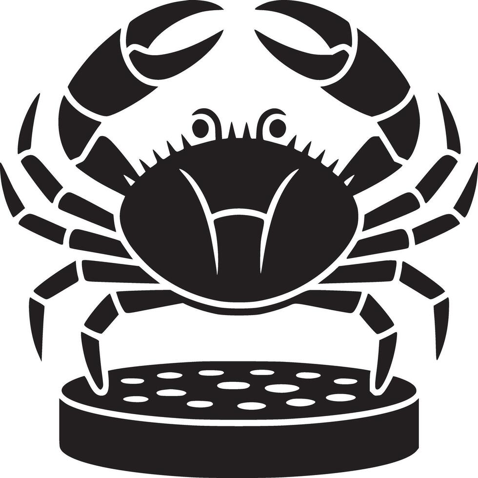 A simple black and white illustration of a crab standing on a small platform with holes in it vector
