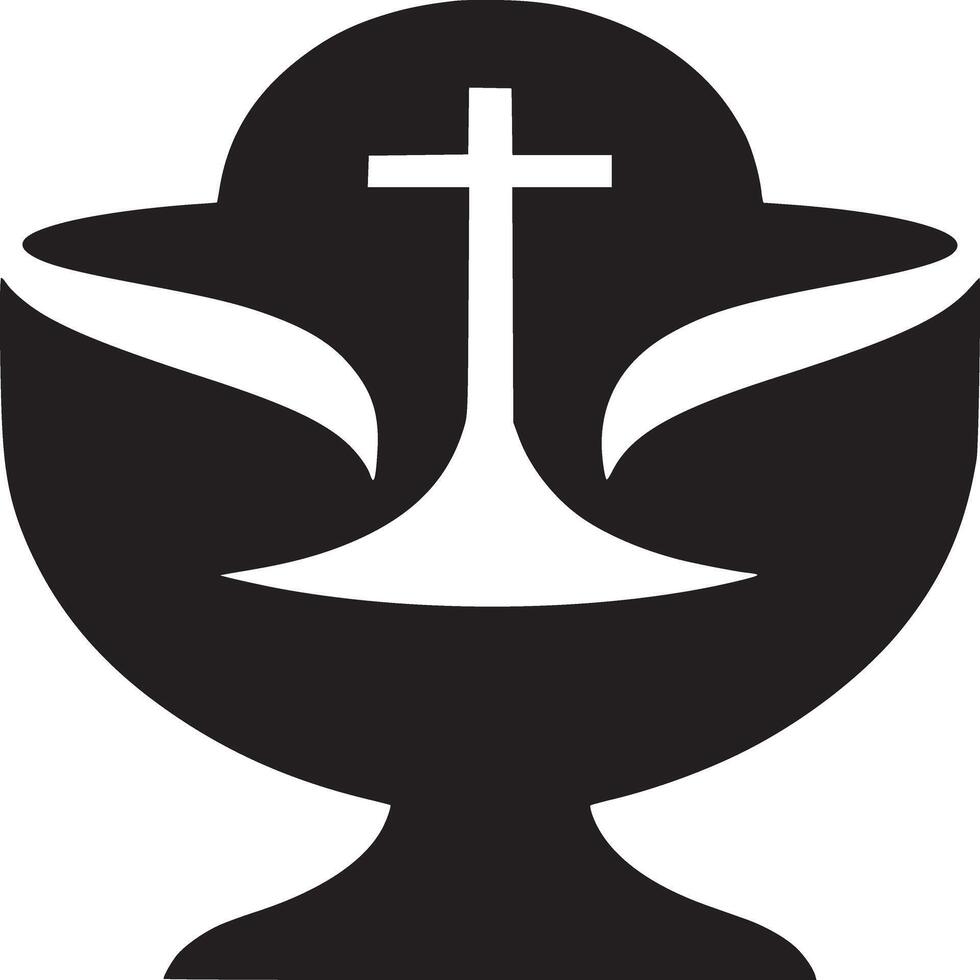 A stylized black and white chalice with a cross at the top and curved elements on either side of it vector