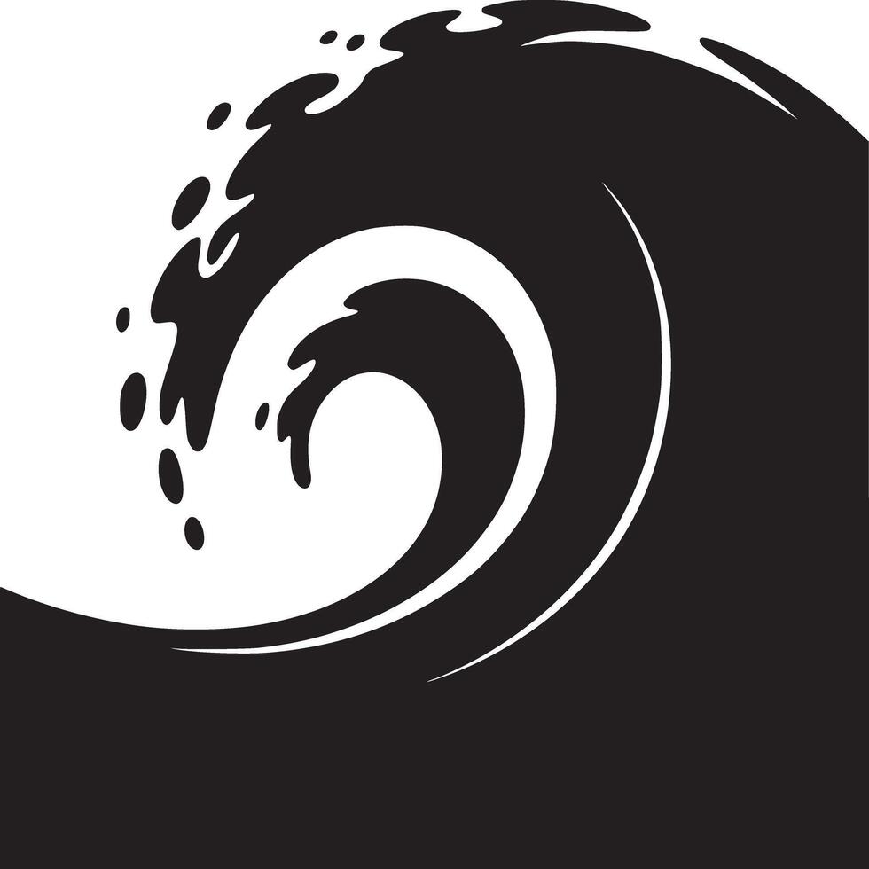 A black and white graphic design of a wave with a swirl and droplets on a contrasting background vector
