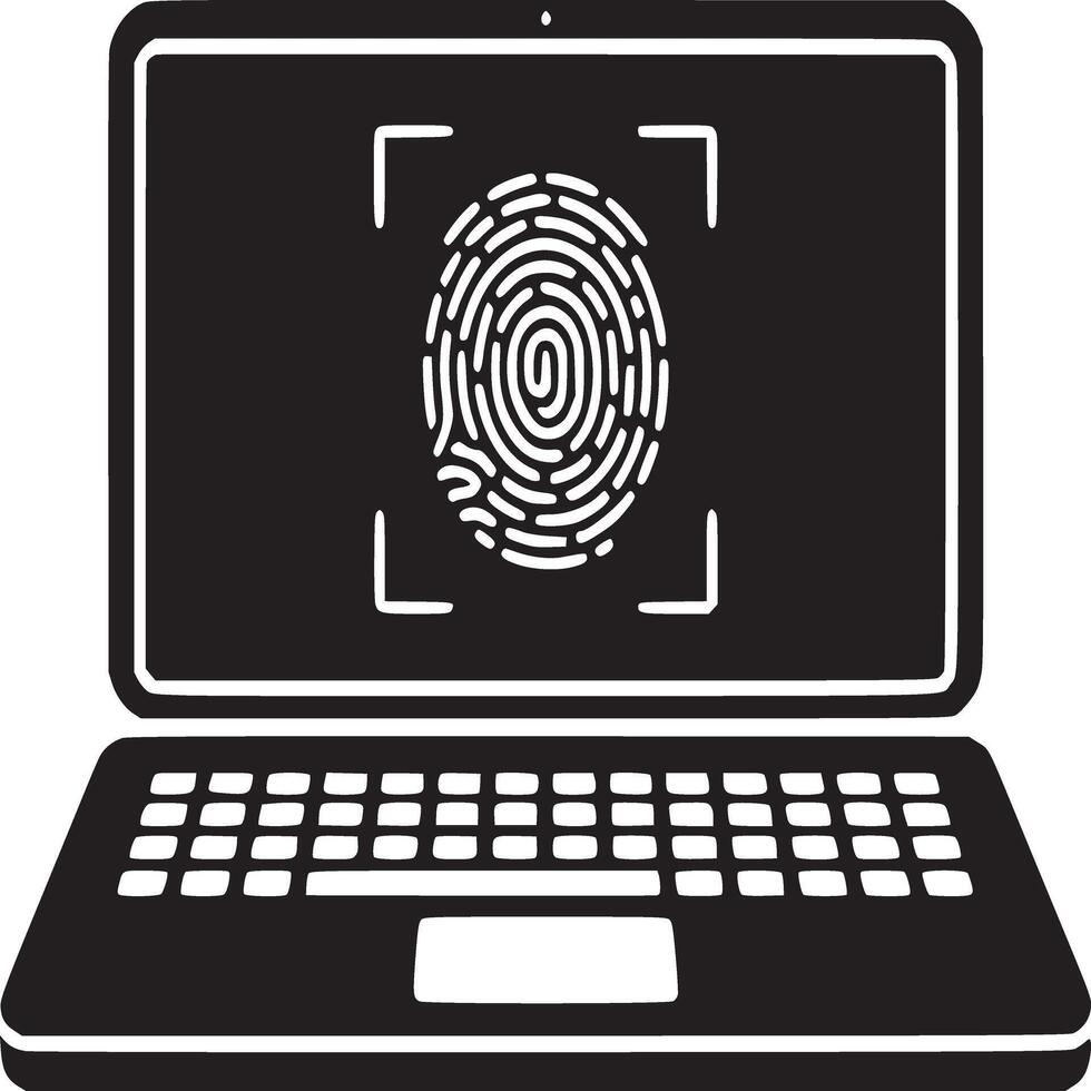 A black and white laptop displaying a fingerprint scan with a white background illustration vector