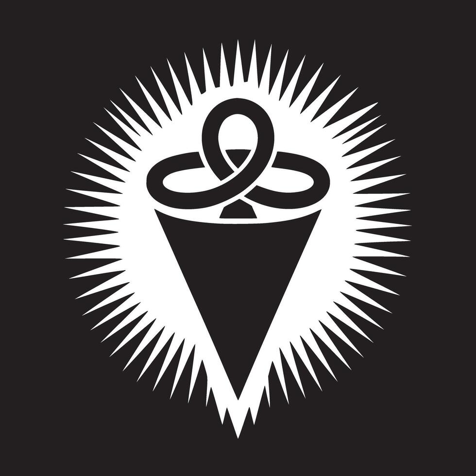 A stylized black and white emblem featuring a triangle shape with a knot above it and rays around it vector