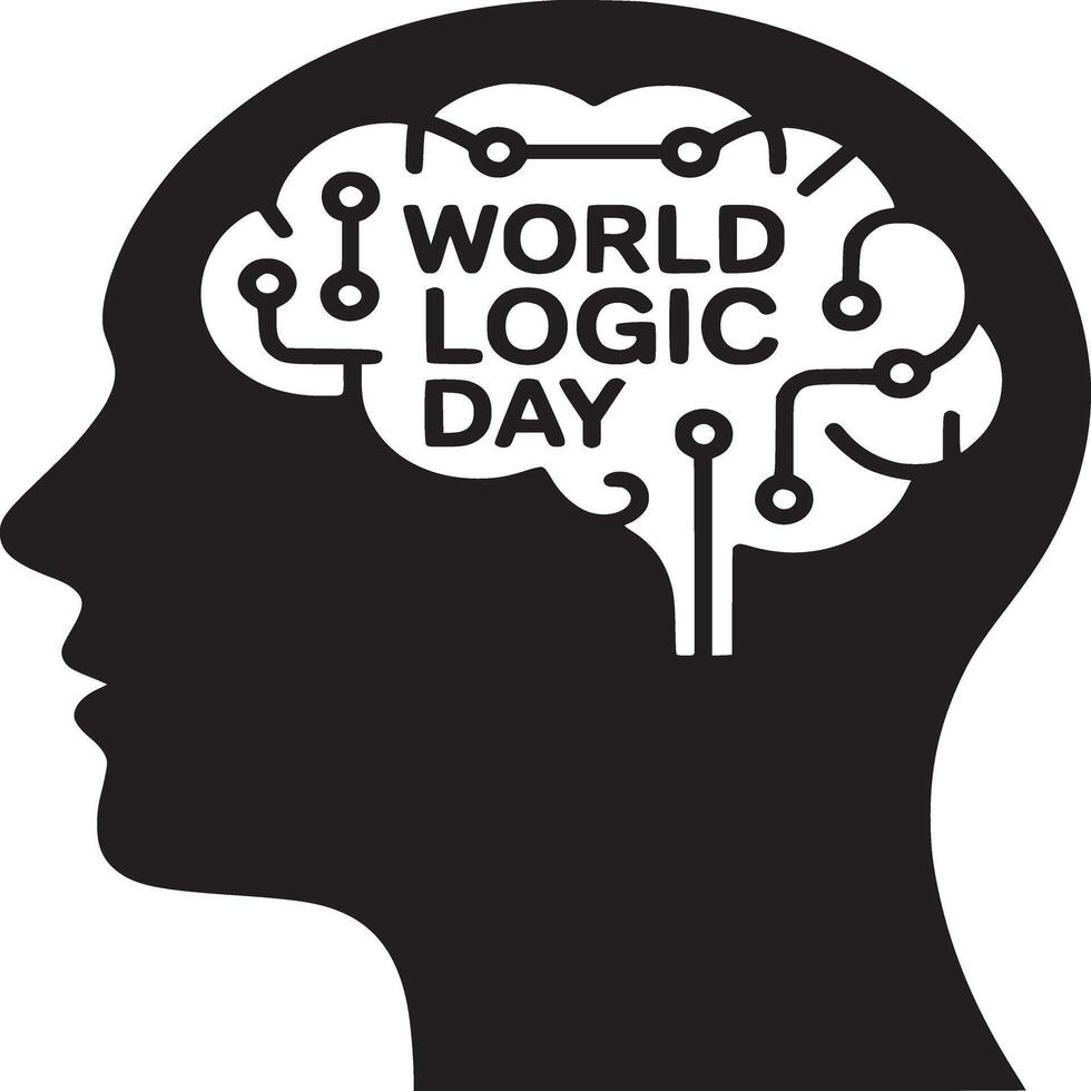 Black silhouette of head with brain circuit design and world logic day text inside it on white vector