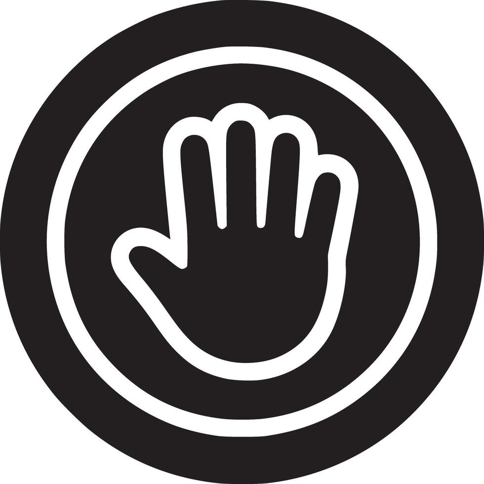 Black and white stop hand sign inside a circle with a white background in a simple graphic design vector