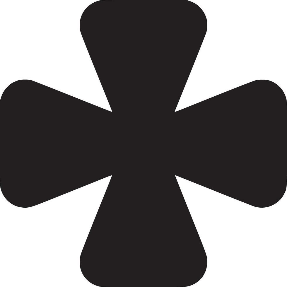 A bold black cross with rounded edges and triangular tips on a clean white background design element vector