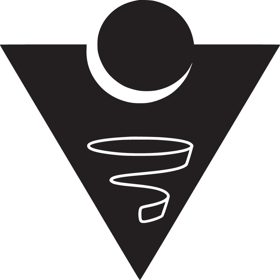 A black triangle with a circle above and a white swirl inside on a white background simple design vector