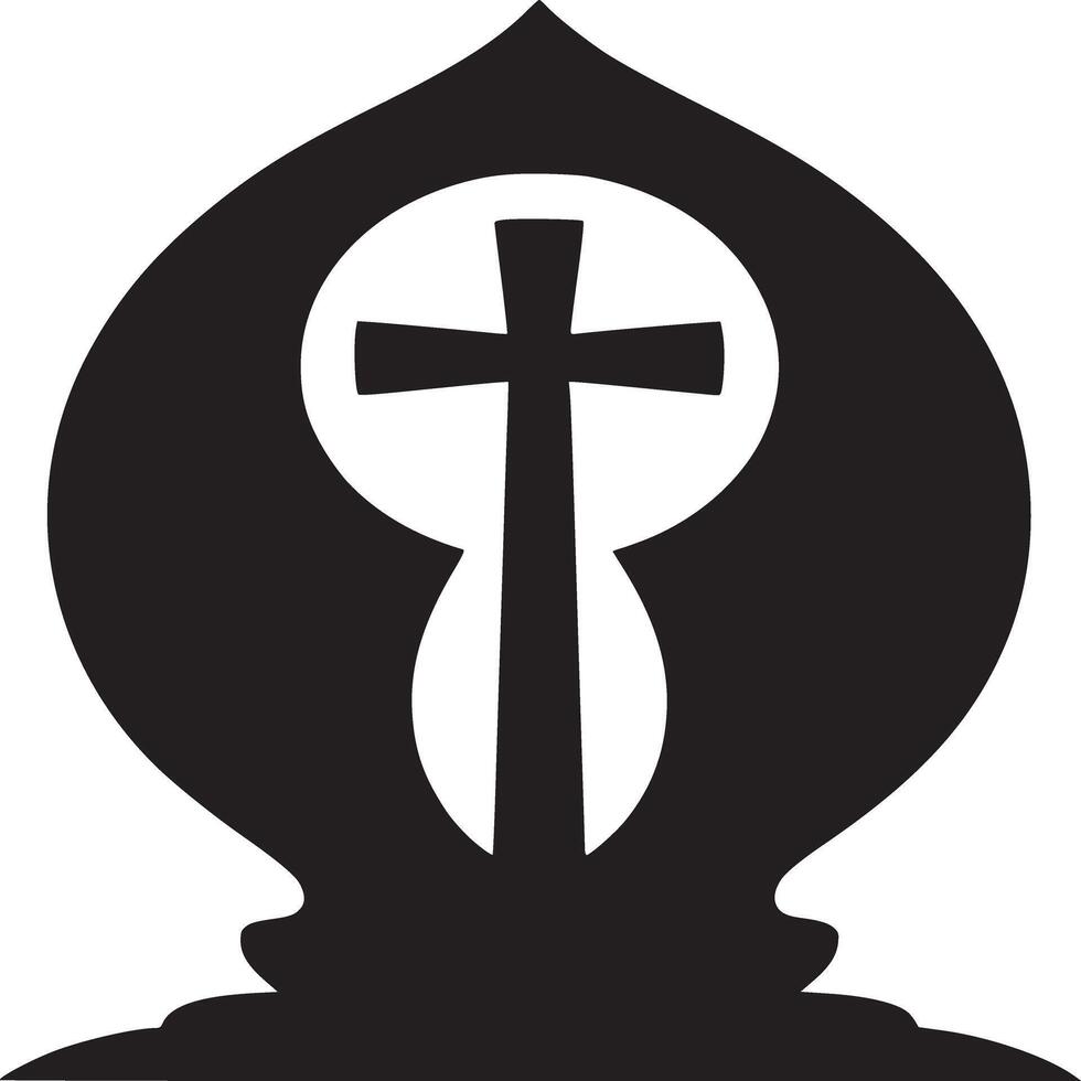 A black and white graphic of a cross inside of an oval shape with a pointed top on a white background vector