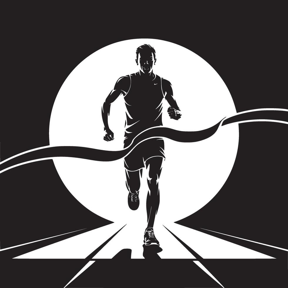 Silhouette of a runner crossing the finish line with a white circle in the background in black and white vector