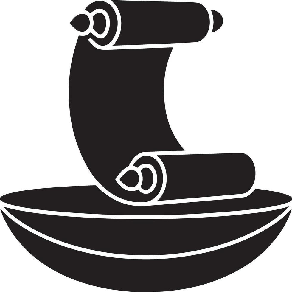 A black silhouette of a scroll resting on a curved surface against a white background illustration vector