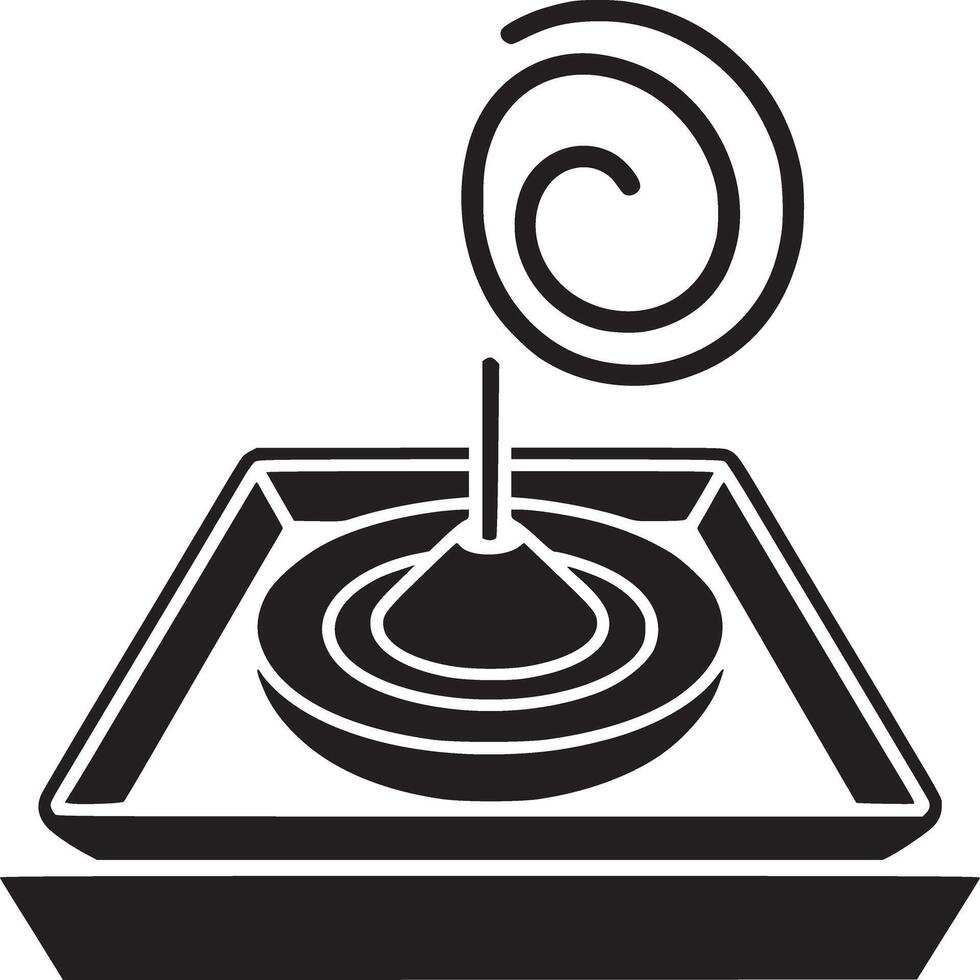 A black and white graphic of a spiral incense burner on a square tray with a simple base design vector