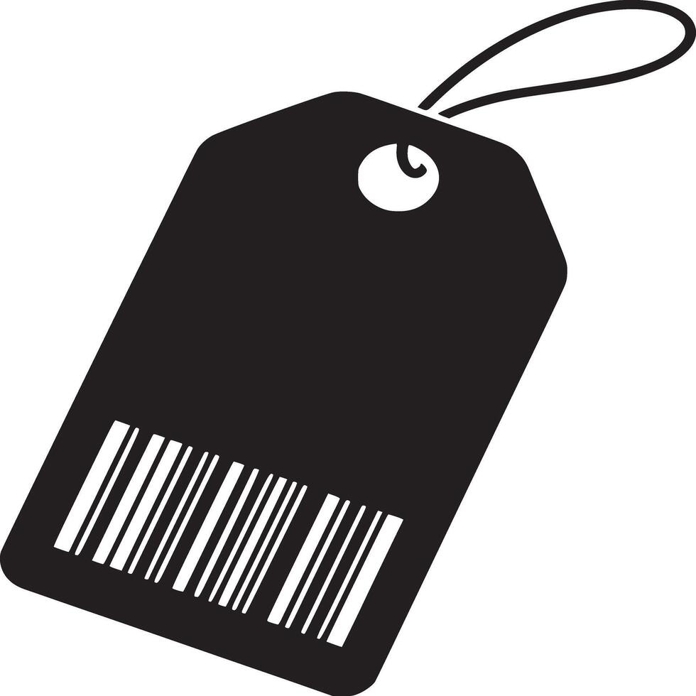 Isolated black price tag with barcode and string against a white background in a simple design vector
