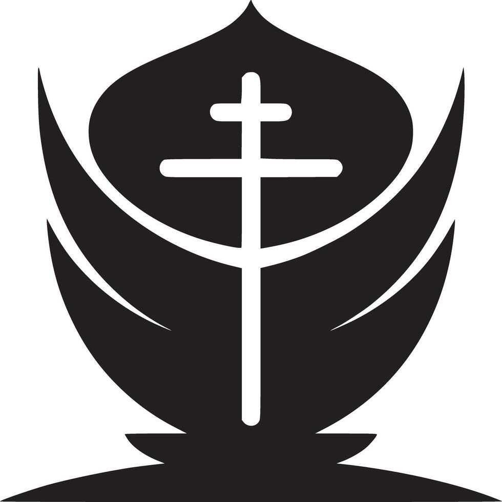 A stylized black and white emblem featuring a cross centered within a leaf like shape design element vector