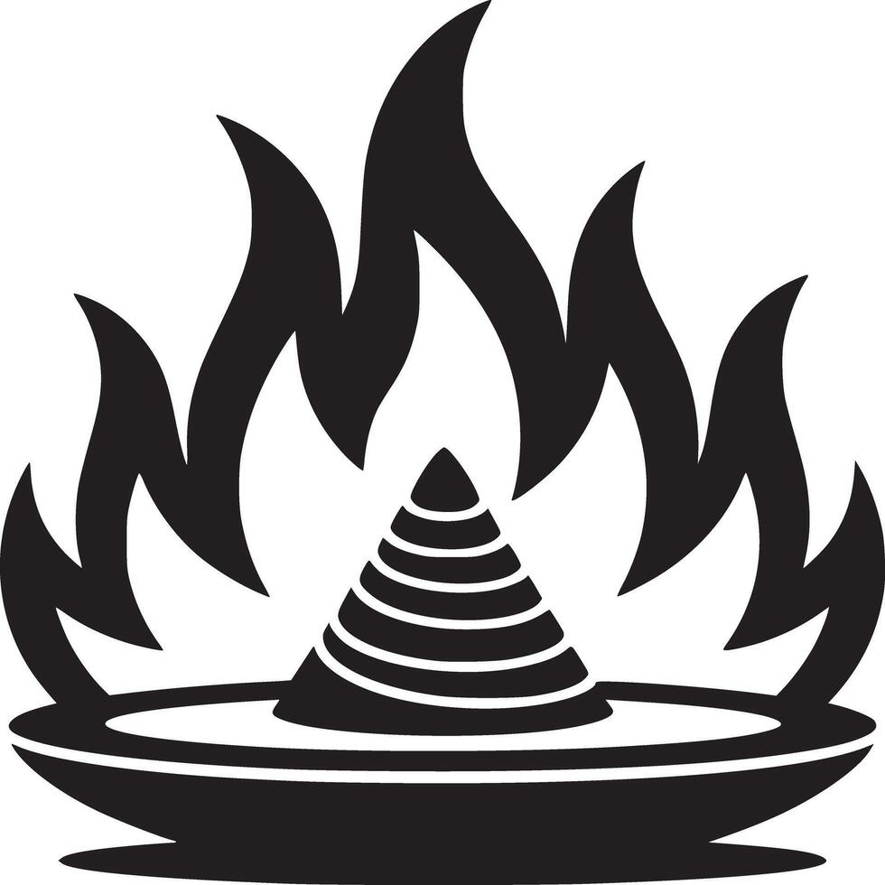 A stylized black and white image of a fire burning above a conical object in a bowl like structure vector