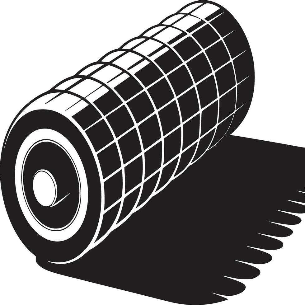 A black and white illustration of a cylindrical object with a grid pattern and a dark shadow cast below it vector