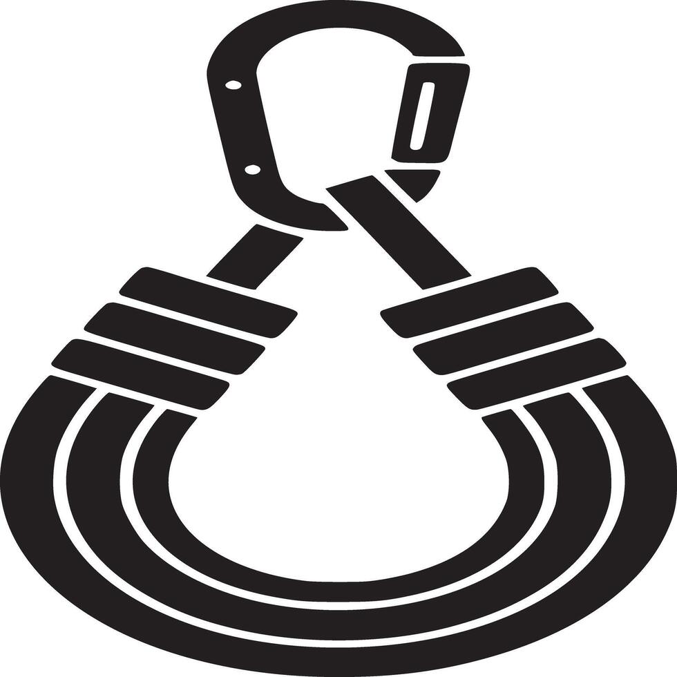 A black and white graphic of a carabiner attached to a rope forming a loop on a white background vector