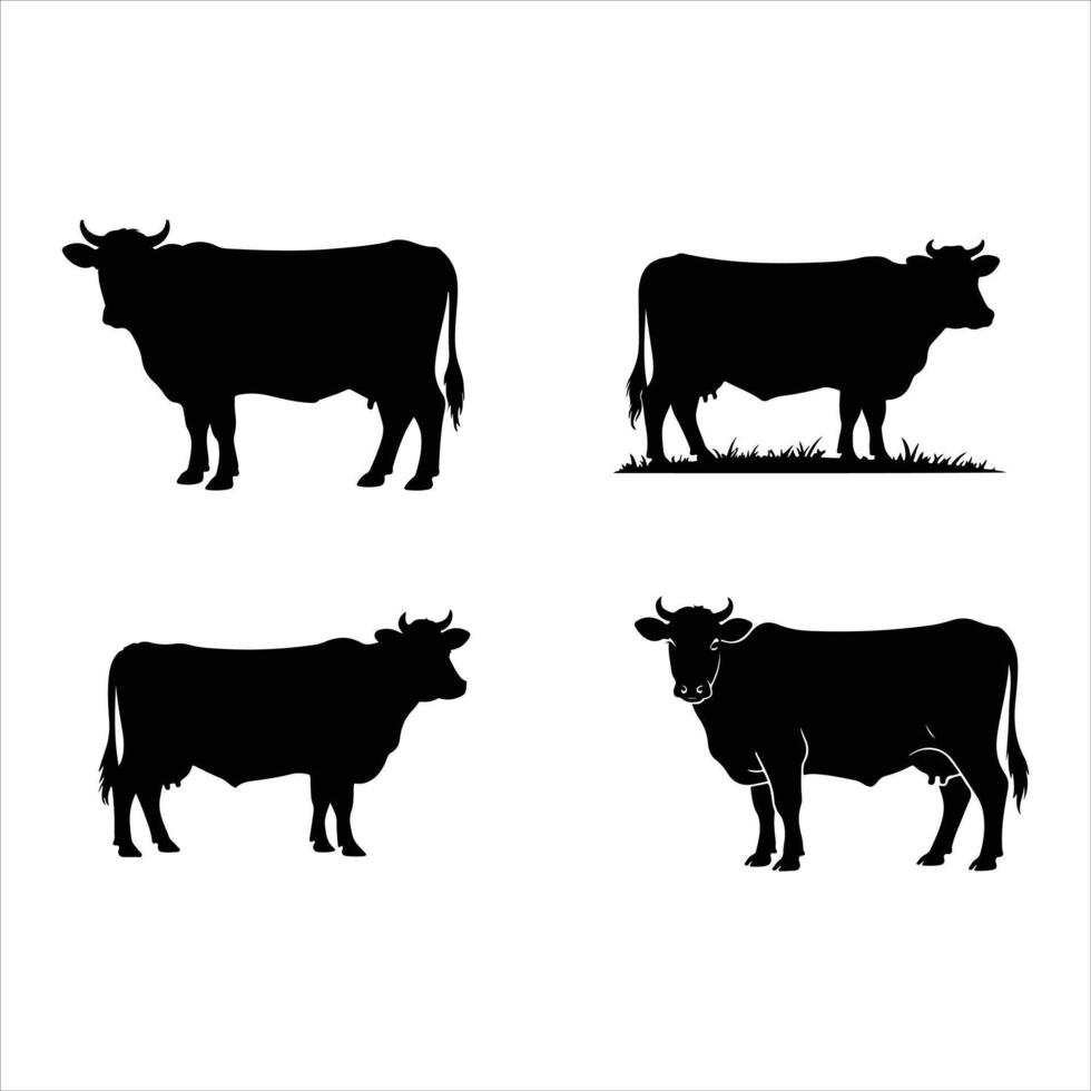 Silhouette of cows isolated on white background in various poses and angles vector