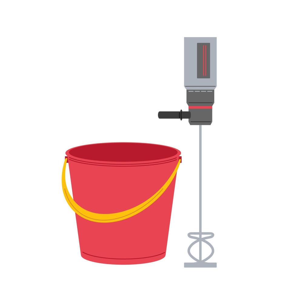 Mixing equipment next to a red bucket in a construction setting during daytime operations vector