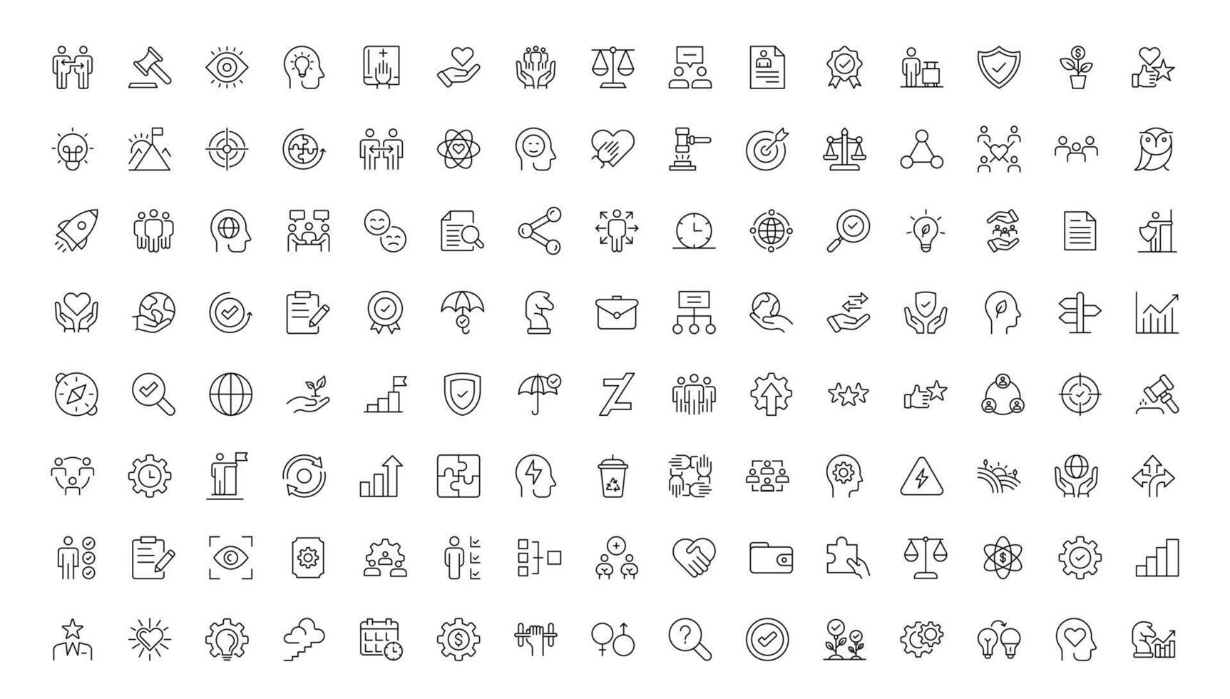 Icons for the Core Values line. core, values, leadership, objectives, target, client, quality, accountability, and quality. vector