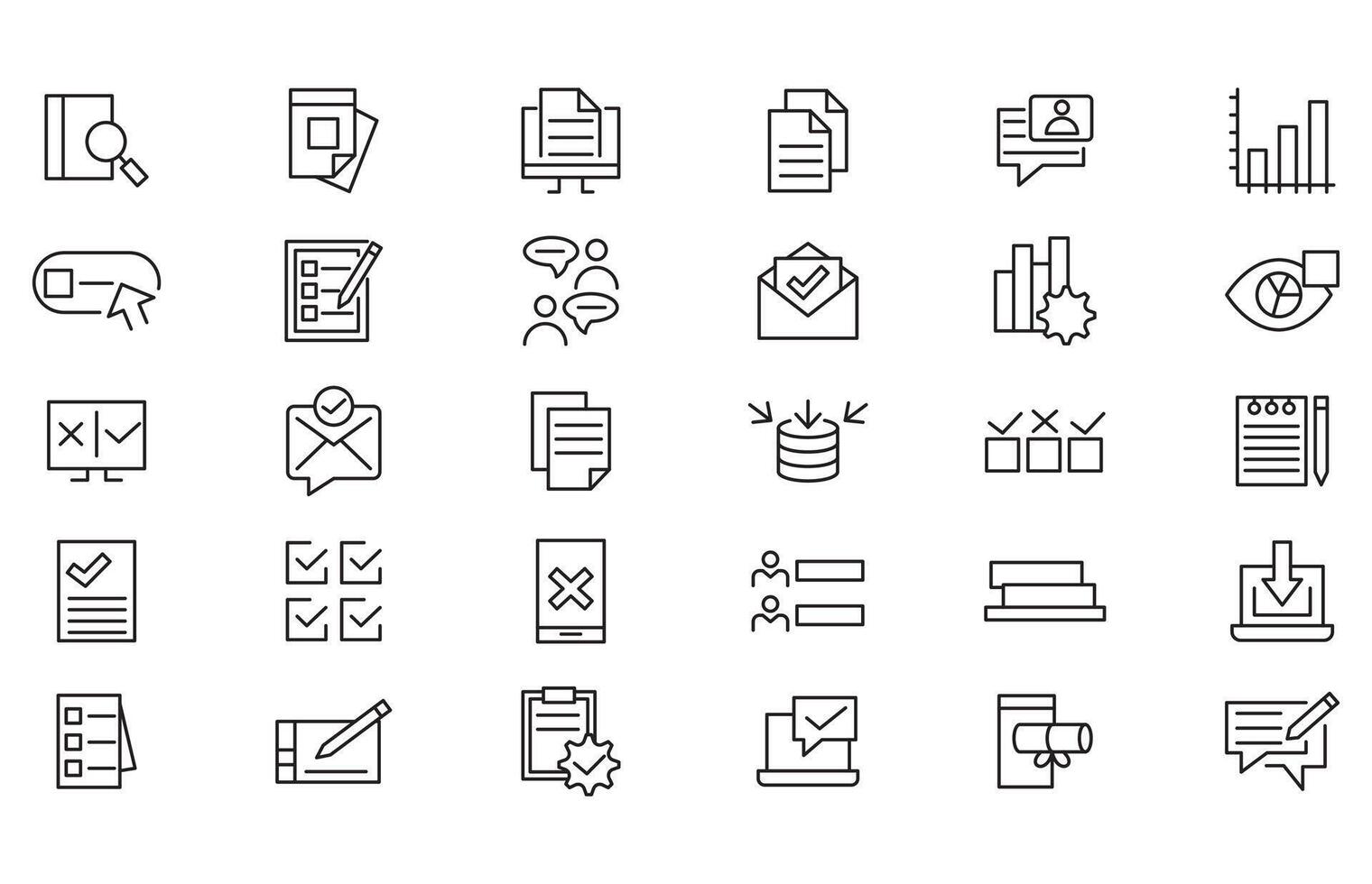 Survey line icon set. Audit, analysis, plan, evaluation, quality process, result, rewiev, feedback, exam, document, business management data, statistic line icon set. UI thin outline icon vector