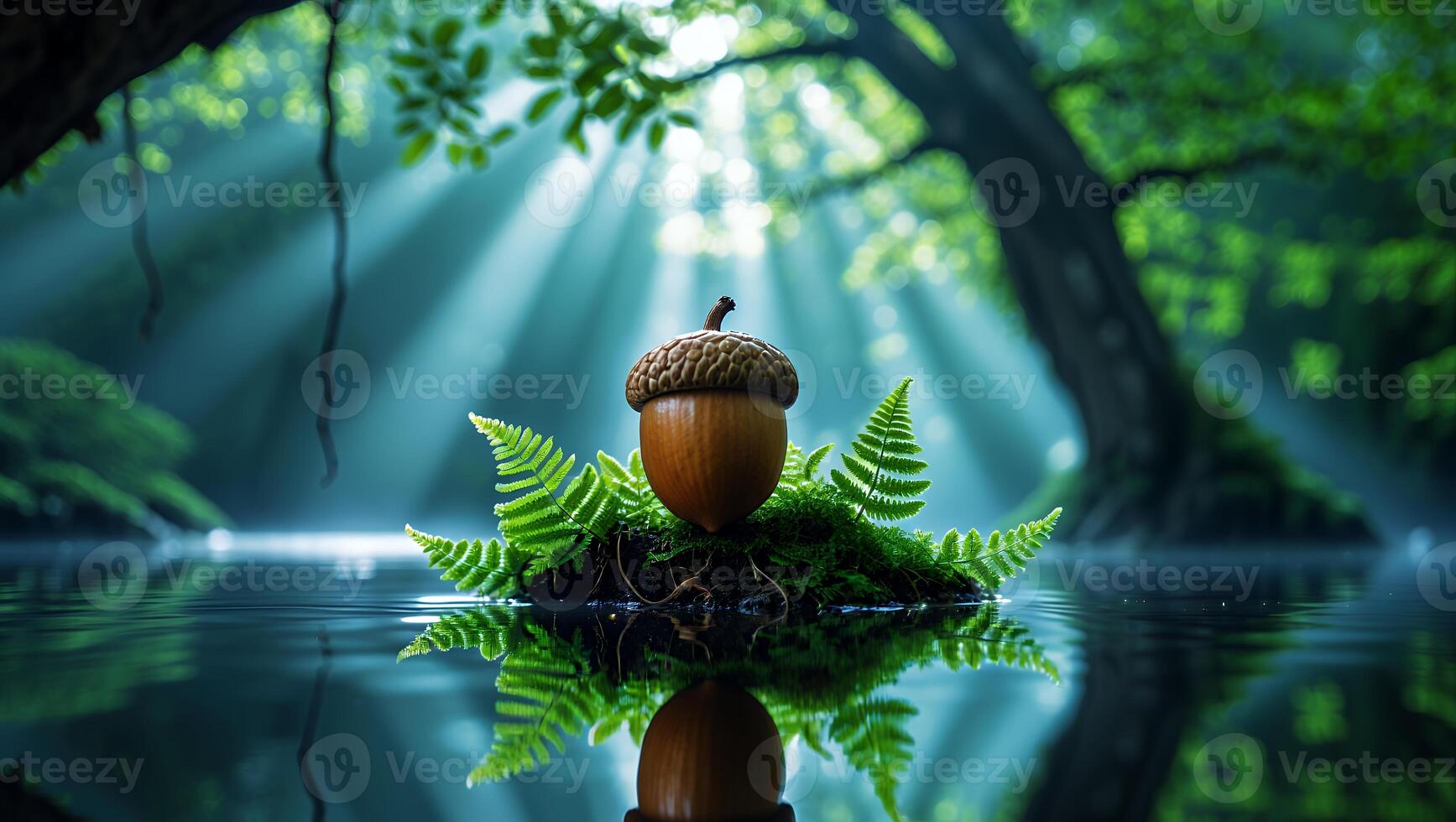 Acorn Floating on Moss with Ferns in Forest Pond Reflection photo