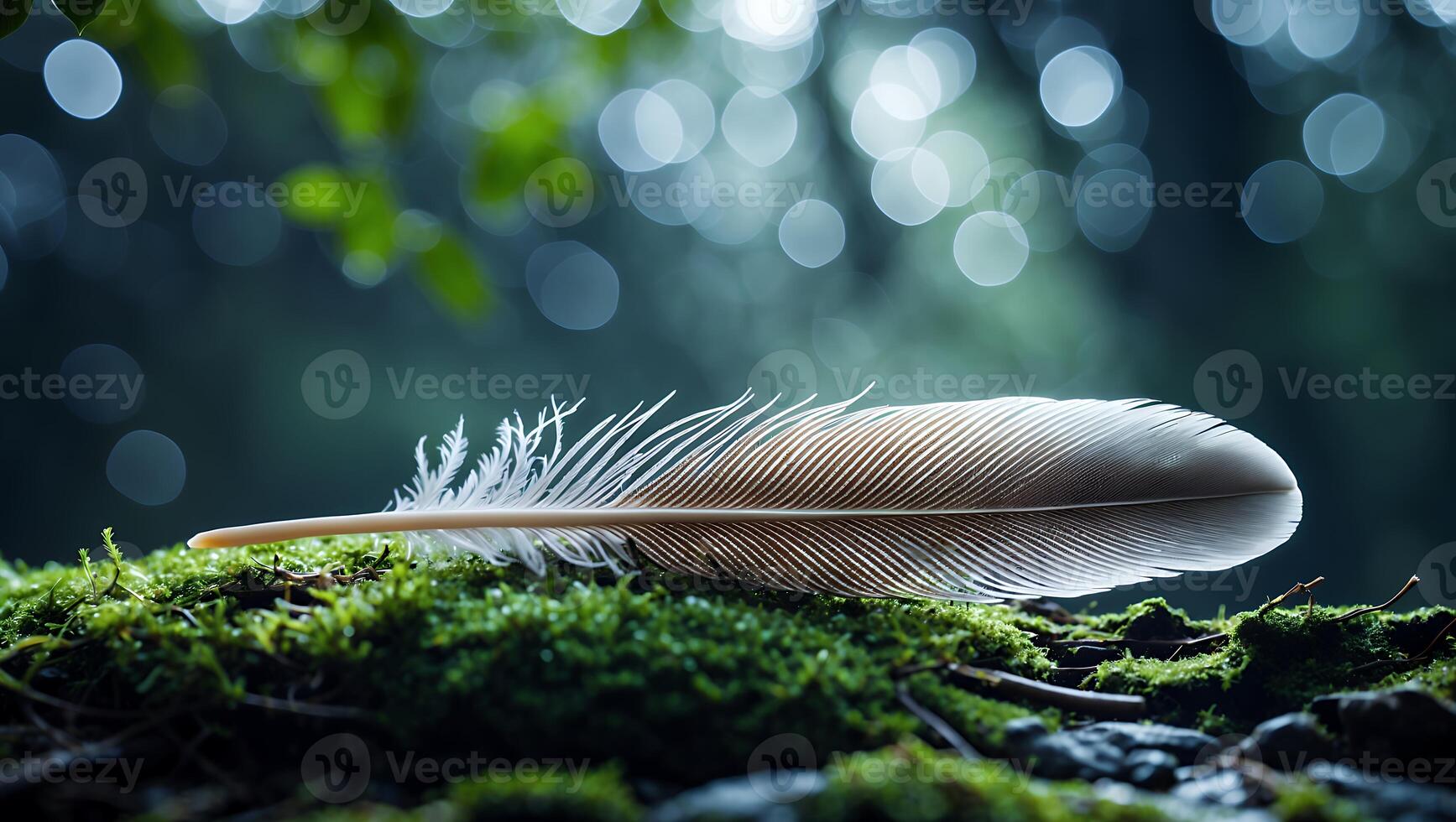 Feather Resting on Moss in Forest with Bokeh Light Background photo