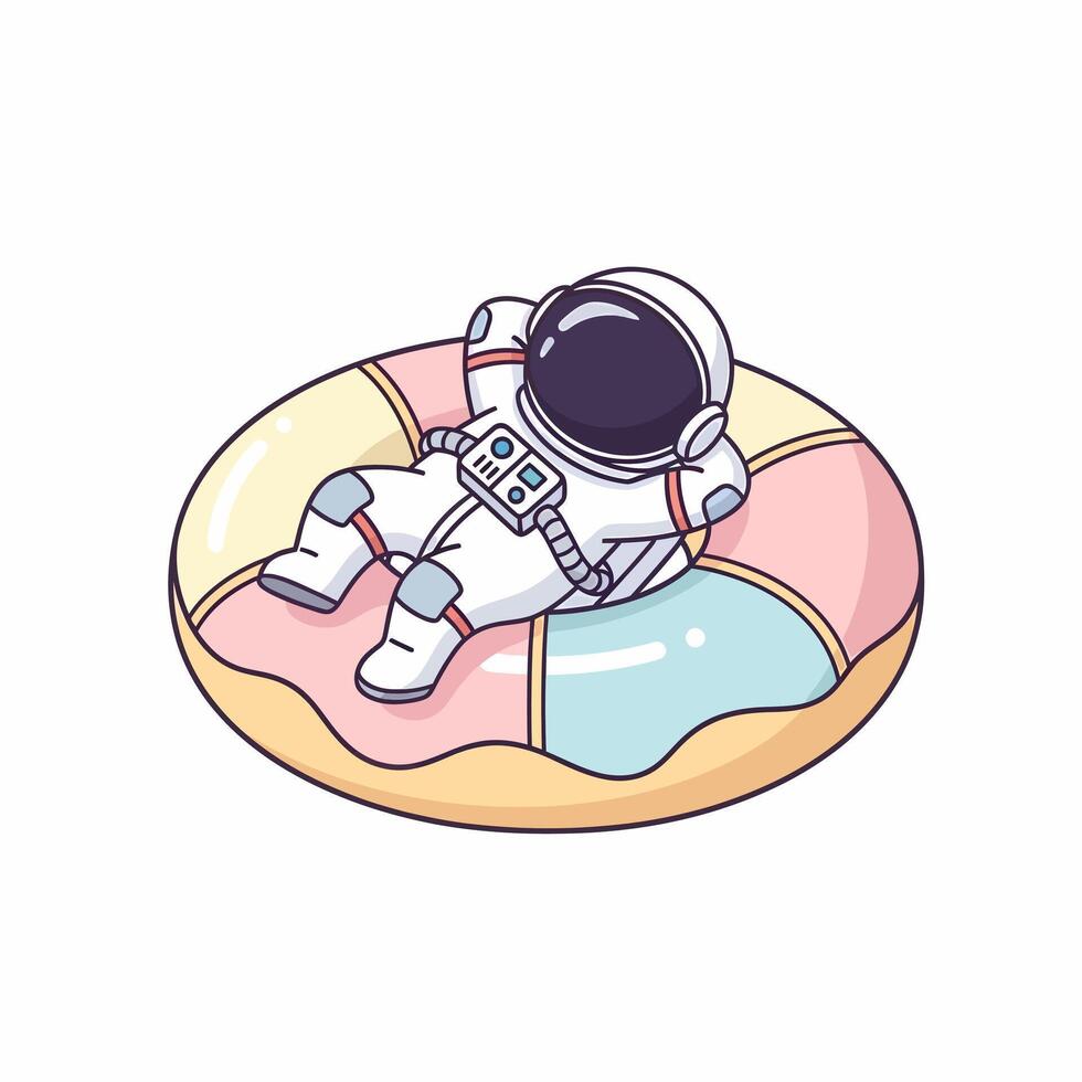 Cartoon Astronaut Relaxing on a Colorful Donut Floatation Device. vector