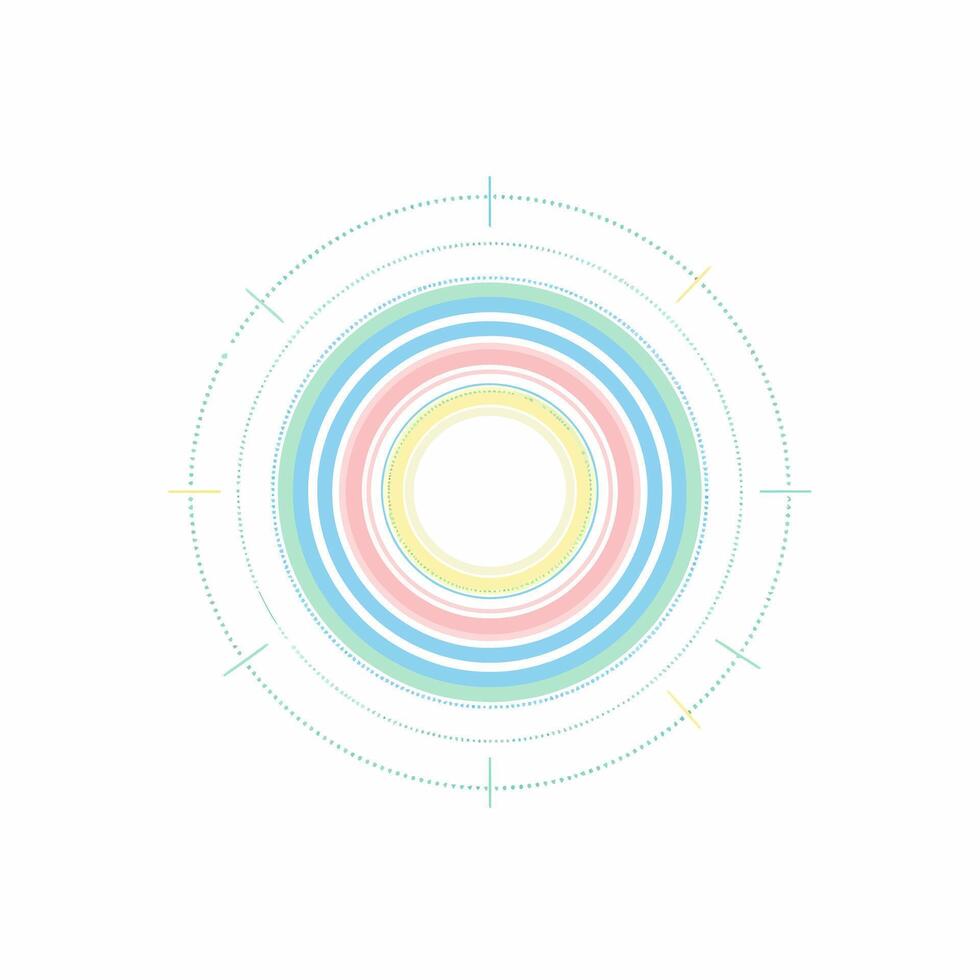 Abstract circular graphic with soft pastel rings, a luminous core, and faint technical lines. vector