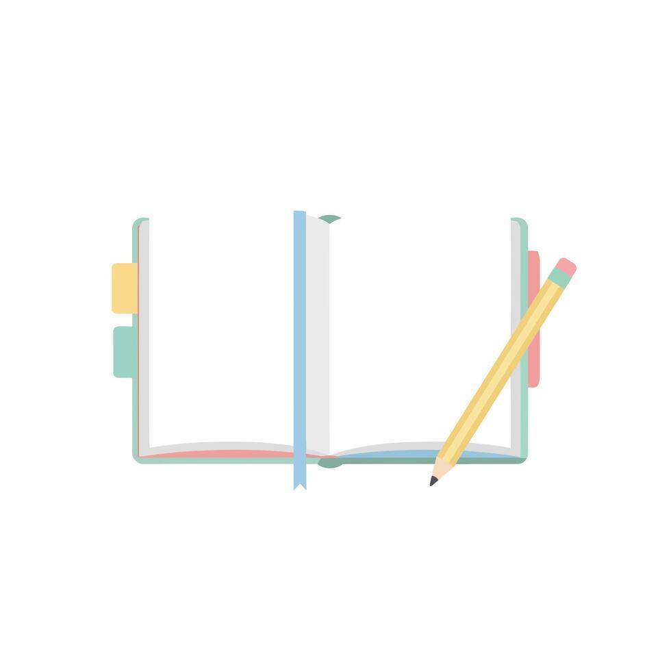 Open Notebook with Pastel Tabs and Pencil, Blank Pages for Writing and Planning. vector