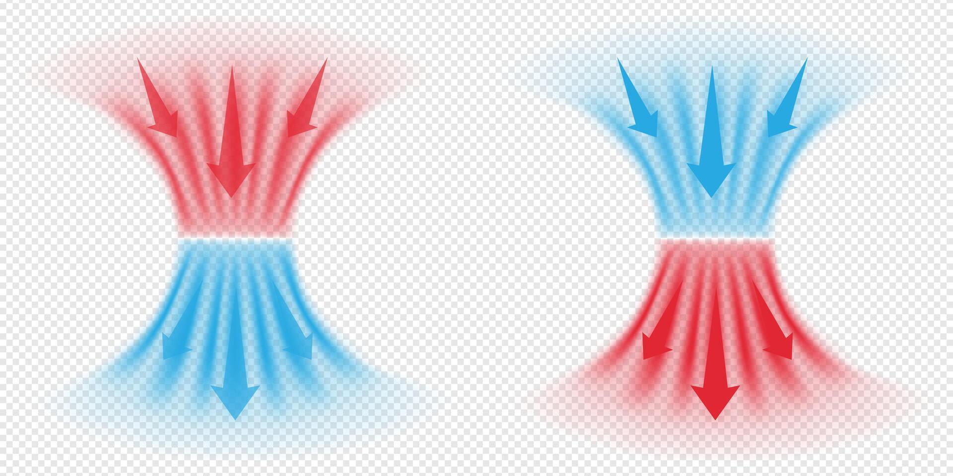 Set of cold and hot airflow streams with arrow on white background. Illustration for air conditioning and heating systems. vector