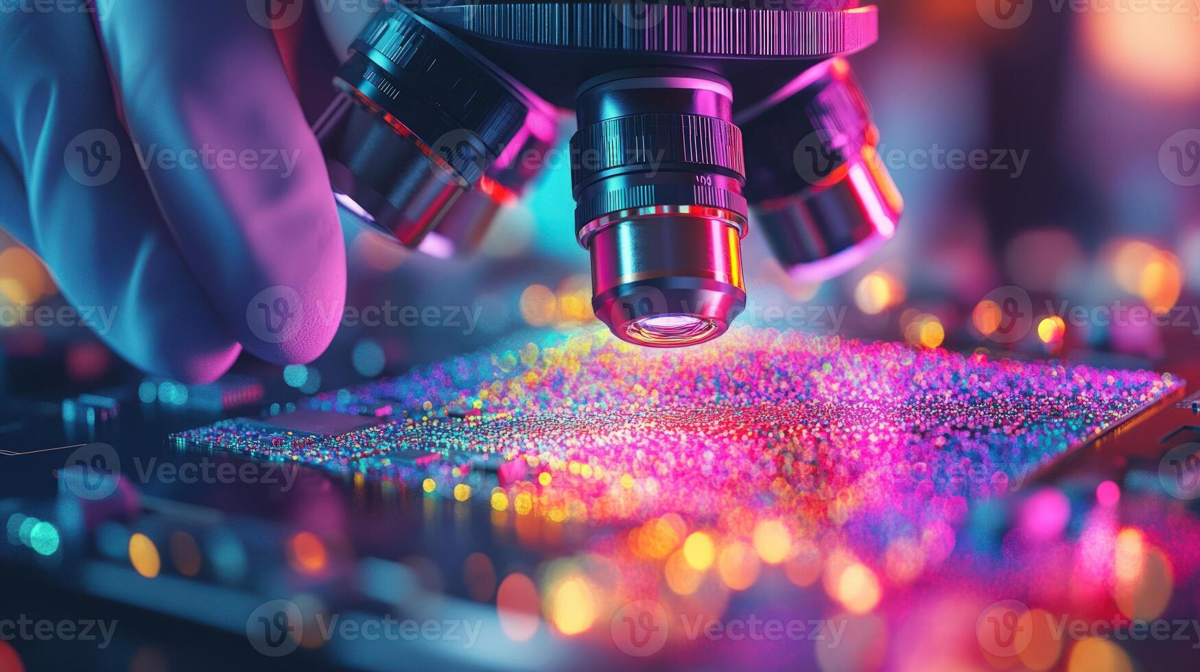 Closeup view of a scientist using a microscope on a colorful microchip photo